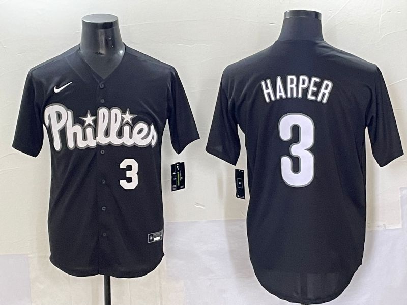 Men 2025 Philadelphia Phillies 3 Harper Black Fashion Nike MLB Jersey style 7043
